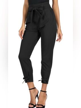 Grace Karin Black Cropped Tie-Waist Ankle Work Office Pants
